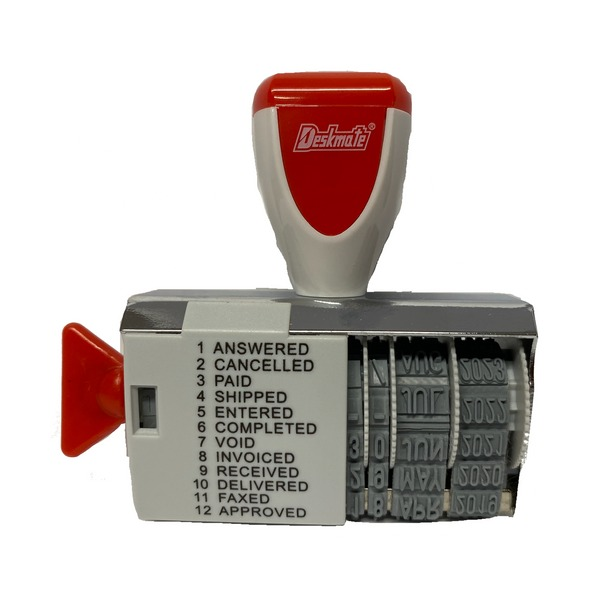 Close-up of Deskmate Dial-A-Phrase Stamp showing the 4 date bands and rotating phrase selector