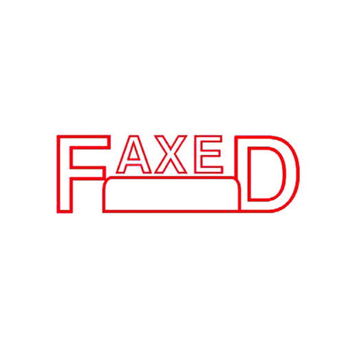 Deskmate pre-inked Faxed Date office stamp in red, front view showing compact ergonomic body and protective cap