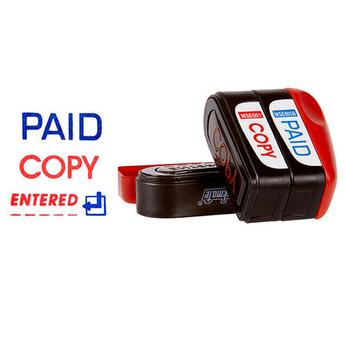 Deskmate pre-inked multi stamp stacker showing Paid, Copy and Entered stamp heads in blue and red ink, stacked together on a white background