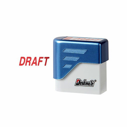 Close-up of Deskmate Draft Stamp imprint area showing red ink message impression