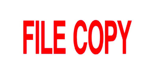 Deskmate pre-inked File Copy stamp in red with protective cap on, front view on white background