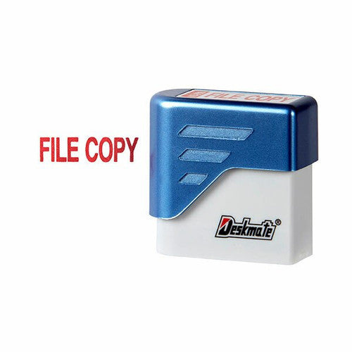 Close-up of red File Copy stamp impression on white paper showing sharp 42x12mm imprint