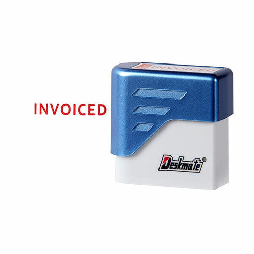 Deskmate pre-inked Invoiced stamp in red, front view showing protective cap on white background