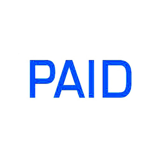DeskMate Pre-Inked Paid Stamp in blue, front view showing stamp body and protective cap on white background