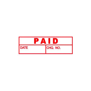 Deskmate pre-inked Paid Date and Cheque stamp in red, front view showing cap on white background