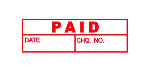 Deskmate pre-inked Paid Date and Cheque stamp in red, front view showing cap on white background