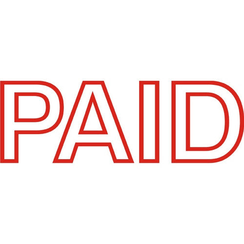 DeskMate pre-inked Paid office stamp in red, shown upright with protective cap on against a white background