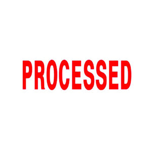 Deskmate pre-inked Processed stamp in red ink, front view showing stamp body and protective cap
