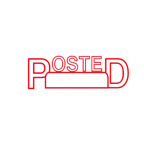 Deskmate pre-inked Posted Date stamp in red, shown upright with protective cap on, front view on white background