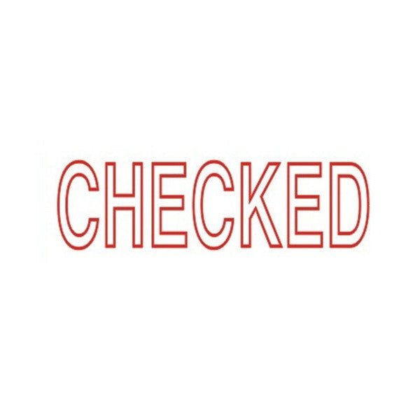 Red CHECKED impression in outlined capital letters from the Deskmate pre-inked stamp