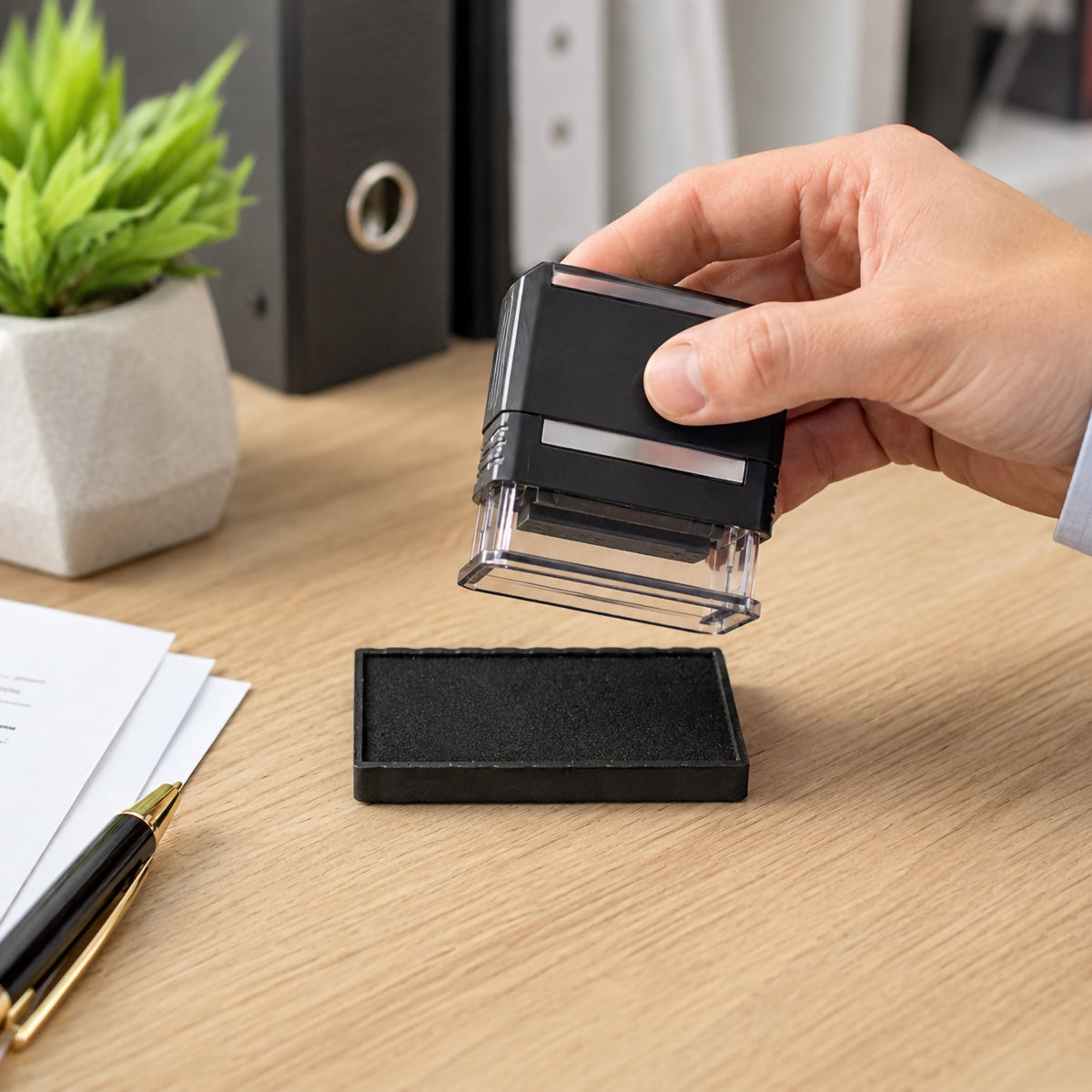 A lifestyle office scene showing a hand replacing the Deskmate Replacement Ink Pad 5 Line 3mm 4mm Text Black beneath a compatible self inking stamp. The workspace includes paperwork, a premium pen, office binders and a potted plant, demonstrating quick and easy stamp maintenance for everyday business use.