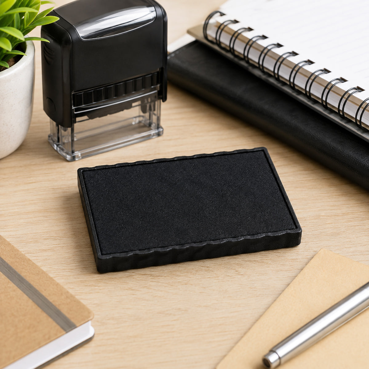 Deskmate Replacement Ink Pad 6 Line 3mm 4mm Text Black displayed in a tidy office workspace with a compatible self inking stamp, notebook, pen and desktop plant. The scene highlights the replacement pad as an essential accessory for maintaining consistent business stamping.