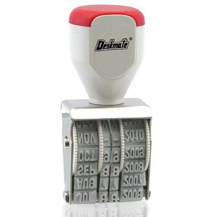 Deskmate rubber band date stamp with a red topped handle and grey frame, the rubber bands showing month and year settings