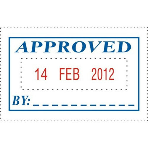 Deskmate self-inking Approved and Date stamp with blue and red ink, front view