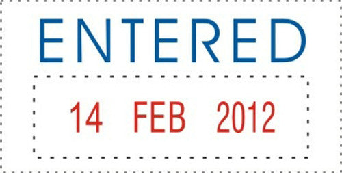 Deskmate self-inking stamp showing 'Entered and Date' text in blue with red date band