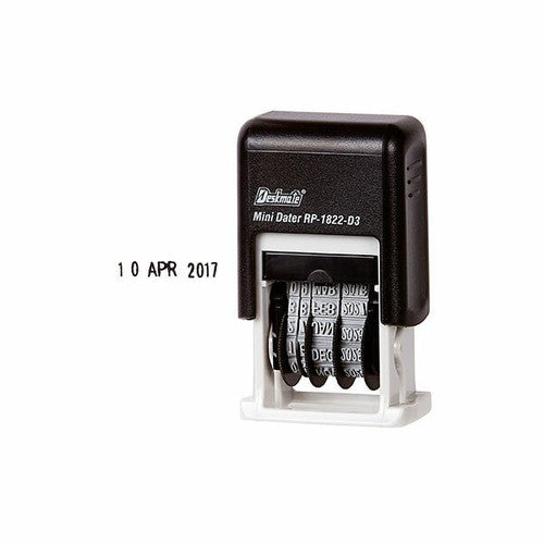 Deskmate self-inking mini dater in black and white, printed Mini Dater RP-1822-D3, beside an example date impression in black
