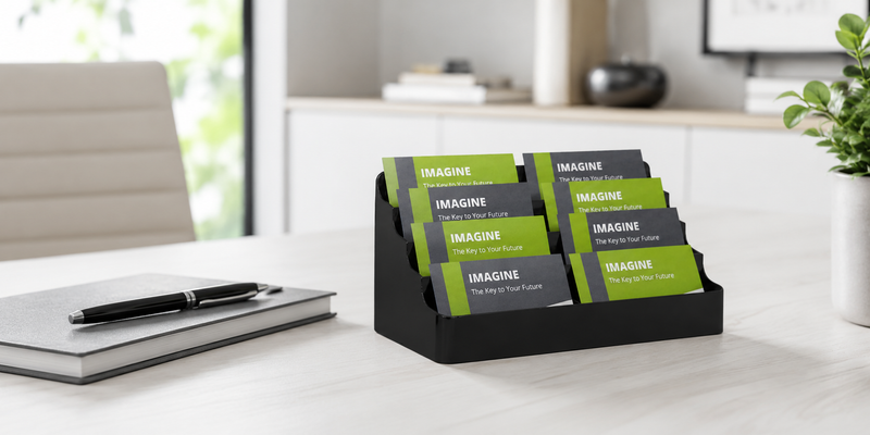 Business card holder on a modern office desk with neatly displayed cards, notebook and plant for professional contact organisation.