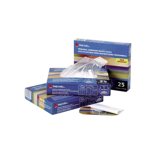 Stack of Rexel personal shredder waste sack boxes with a sack drawn from the dispenser