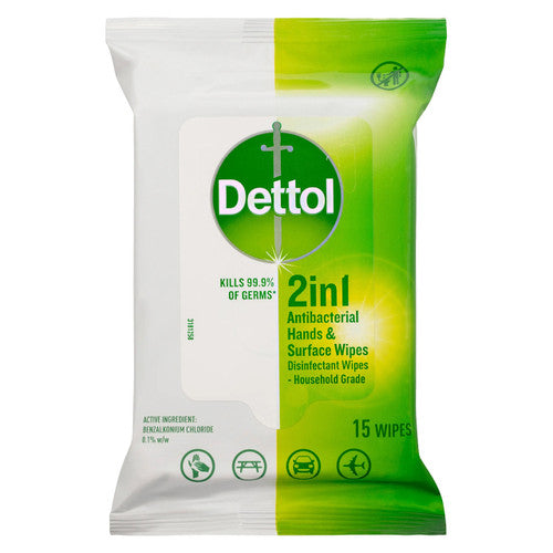 Dettol 2 in 1 Antibacterial Hand and Surface Wipes 15s resealable pack, carton of 40 packs