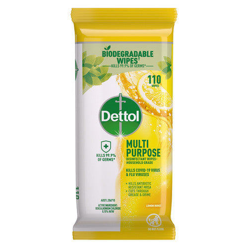 Dettol Multipurpose Wipes Lemon Burst 110s - pack of 8 resealable tubs for kitchen, bathroom and workplace cleaning