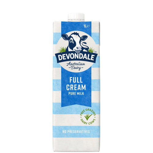 Devondale Full Cream Long Life UHT Milk 1L cartons, pack of 10, no preservatives, 9-month shelf life