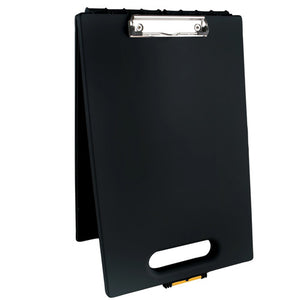 Dexas Clipcase 1 storage clipboard in black standing partly open, showing the steel clip on the front cover, the cut out carry handle and the yellow bottom closure latch