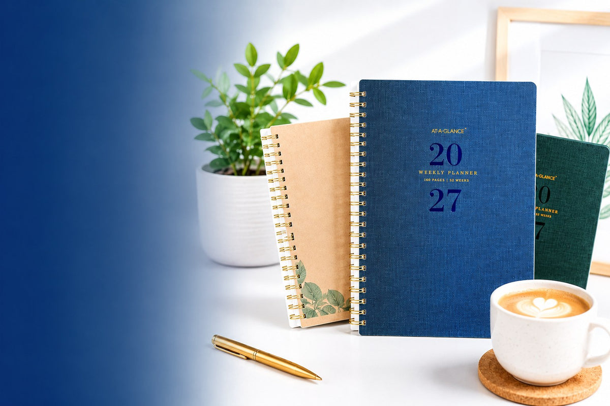 2027 diaries and planners banner showing weekly planners beside a coffee cup