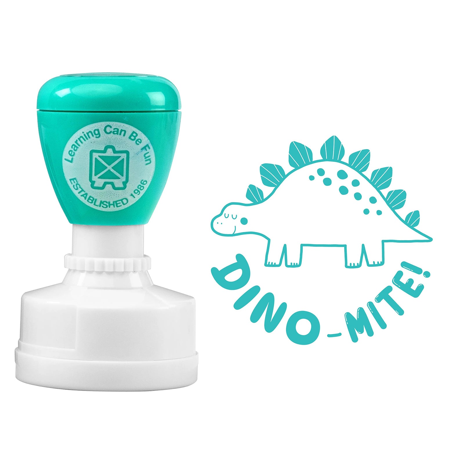 Close up product image featuring the Dino Mite merit stamp alongside the detailed dinosaur artwork. The large 36mm design delivers clear, engaging and child friendly recognition for classroom success.