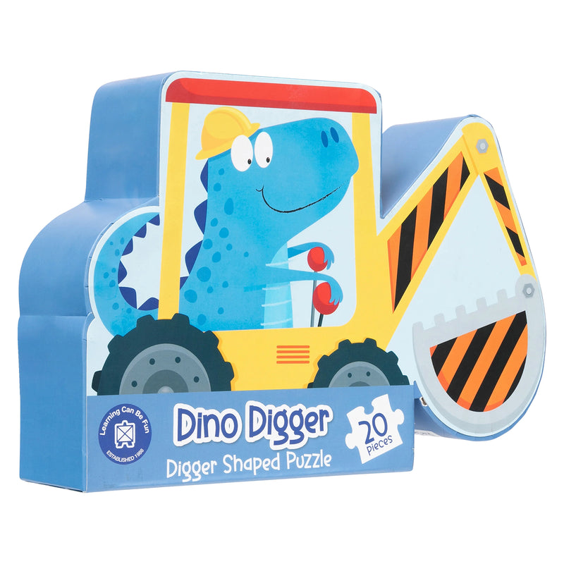 Retail packaging for the Dino Digger Digger Shaped Puzzle presented in a custom shaped box. The packaging highlights the colourful dinosaur construction theme, 20 piece count and suitability for children aged three years and above.