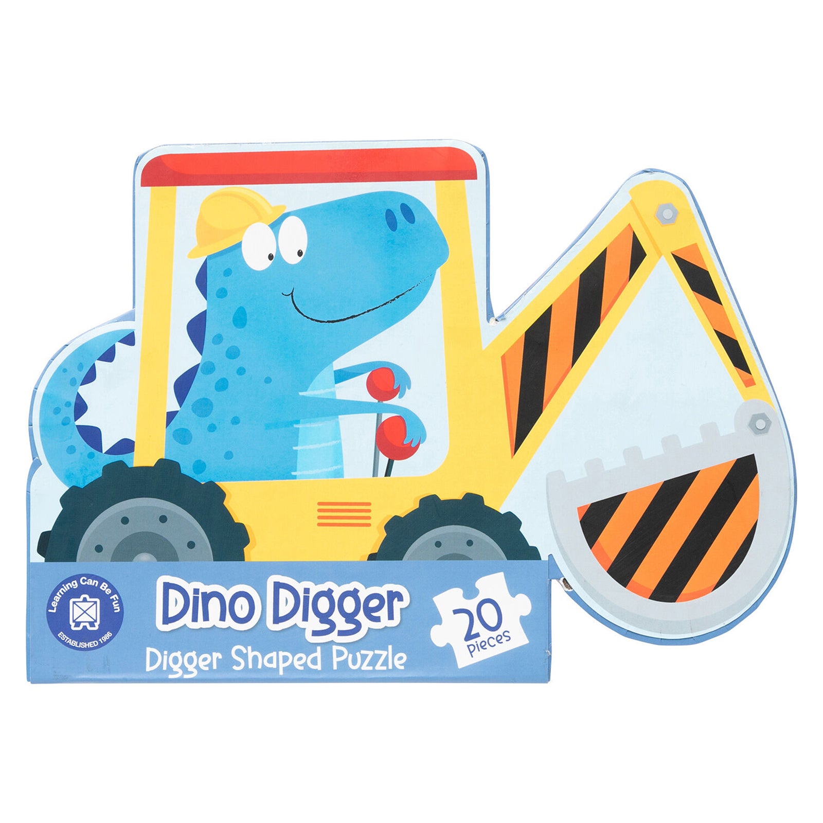 Front view of the Dino Digger Digger Shaped Puzzle packaging showing the completed digger design. The bright yellow construction vehicle and friendly dinosaur character create an engaging presentation for young puzzle enthusiasts.