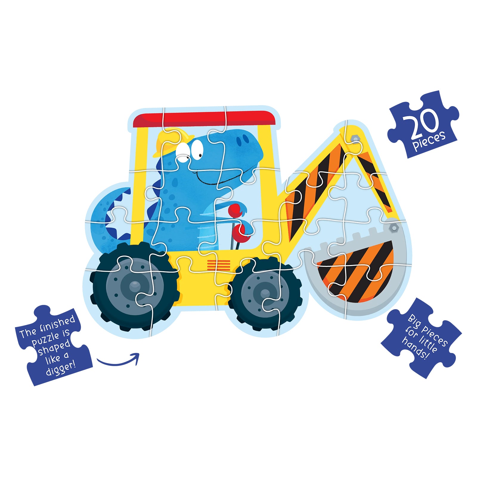 The completed Dino Digger Digger Shaped Puzzle displayed against a neutral background. The 20 piece puzzle forms a construction digger silhouette featuring a blue dinosaur driver, oversized wheels and bright construction themed details.