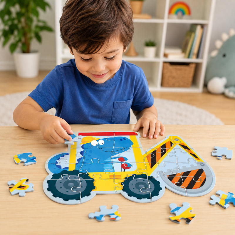 A young learner completes the digger shaped puzzle in a bright play environment. The engaging artwork showcases a smiling dinosaur construction worker operating a yellow digger, inspiring imaginative play and confidence building through puzzle solving.