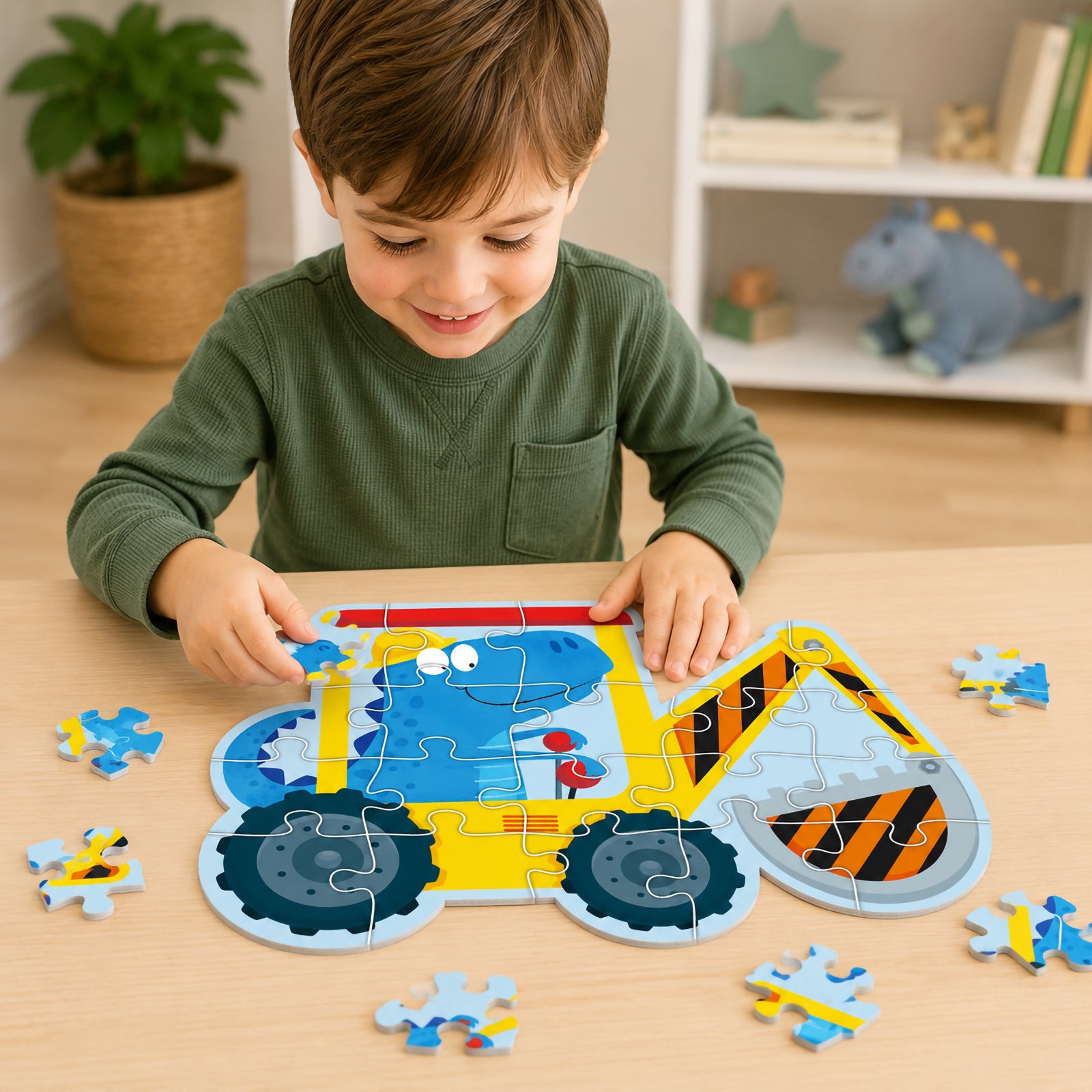 A child carefully assembles the Dino Digger puzzle using large easy to handle pieces. The playful illustration combines a cheerful dinosaur character with a construction digger, making it ideal for developing fine motor skills and concentration.