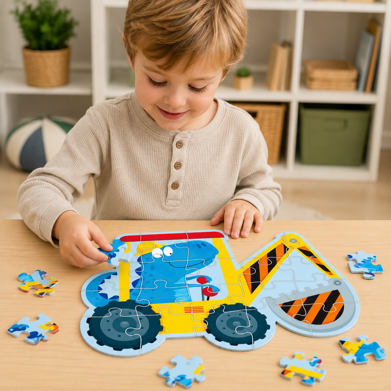 A young child enjoys placing a puzzle piece into the Dino Digger puzzle while sitting at a wooden table. The colourful digger shaped design features a friendly blue dinosaur driving a bright yellow construction vehicle, encouraging hands on learning and early problem solving.