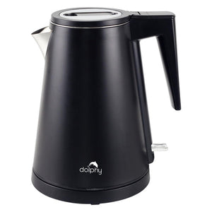 Dolphy 0.8L black double layer kettle with an angular handle and steel spout, side view on white