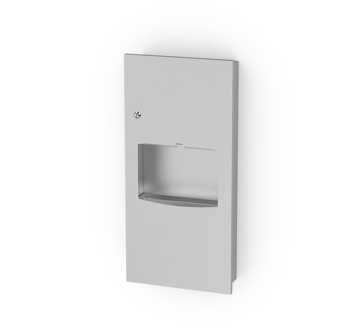 Dolphy 2-in-1 recessed washroom panel in stainless steel, showing the compact unit with paper towel dispenser above the waste bin opening