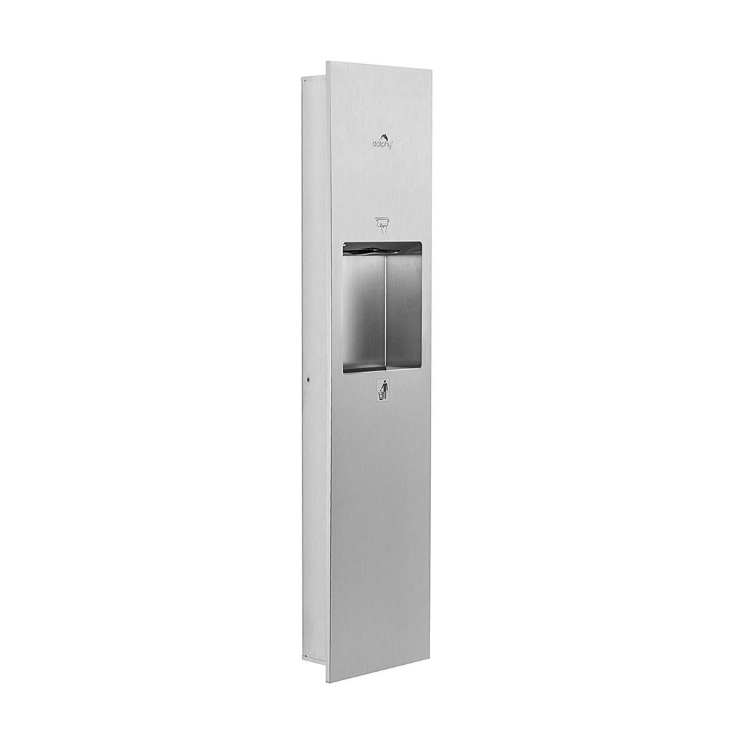Dolphy 2-in-1 washroom panel in stainless steel, showing the full-height unit with paper towel dispenser above the waste bin opening
