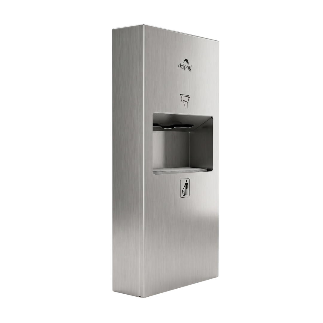 Dolphy 2-in-1 surface mount washroom panel shown from an angled view, showing the compact 304 stainless steel body, dispenser opening and waste bin flap
