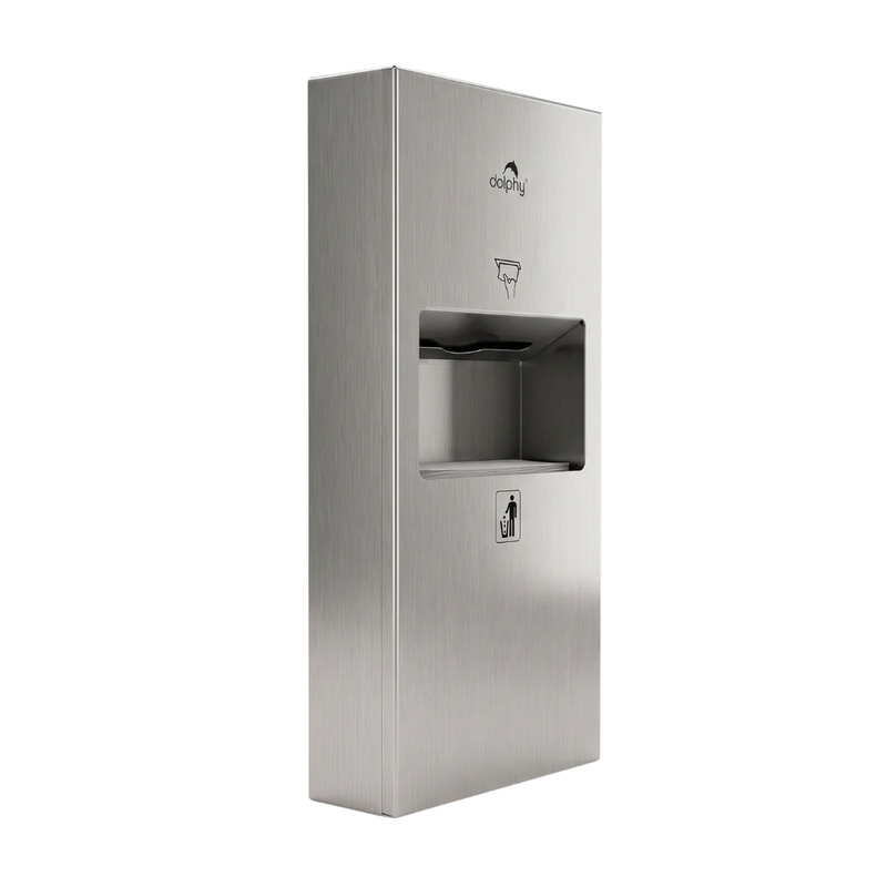 Dolphy 2-in-1 surface mount washroom panel shown from an angled view, showing the compact 304 stainless steel body, dispenser opening and waste bin flap