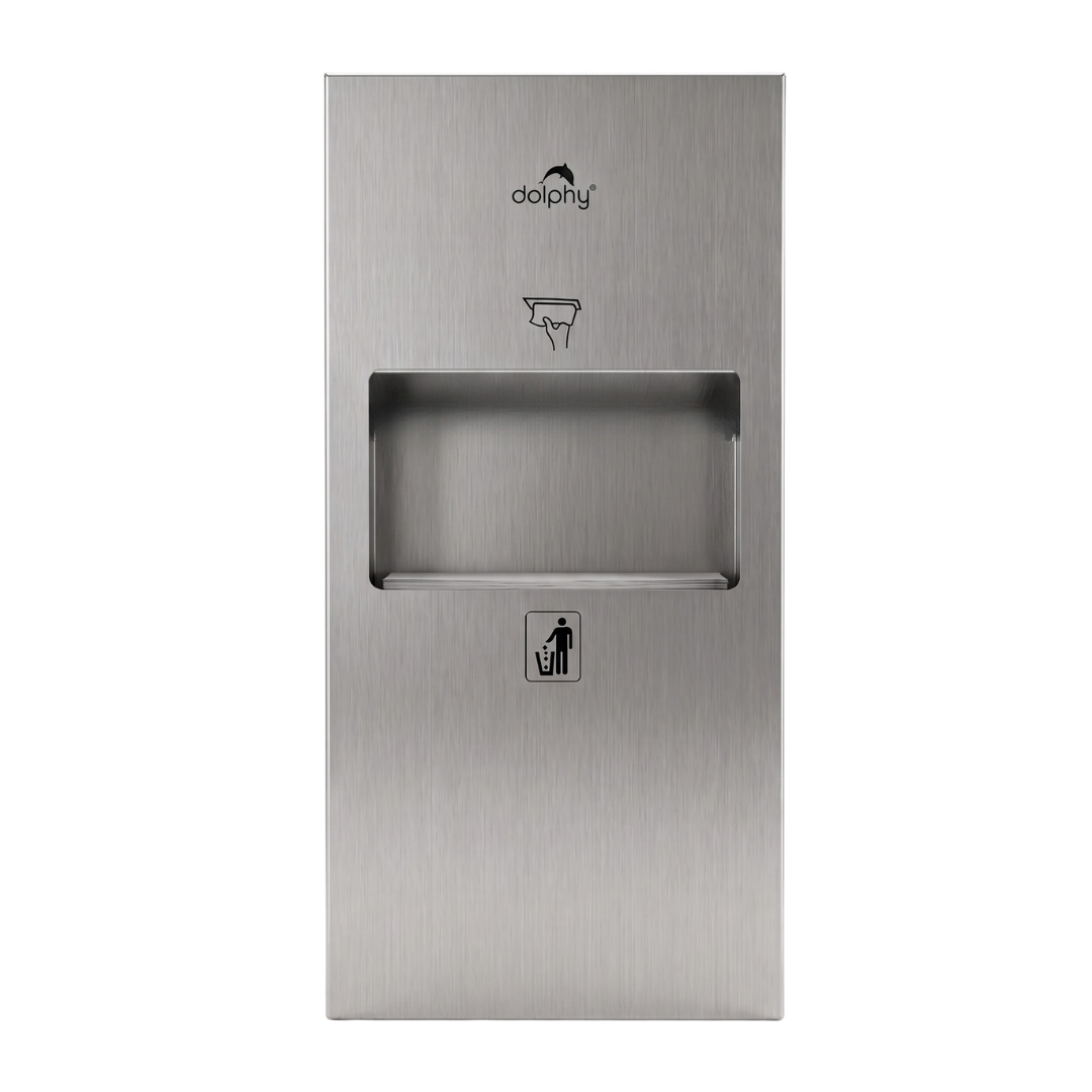 Dolphy 2-in-1 surface mount washroom panel in 304 stainless steel, showing the compact unit with paper towel dispenser above the waste bin opening