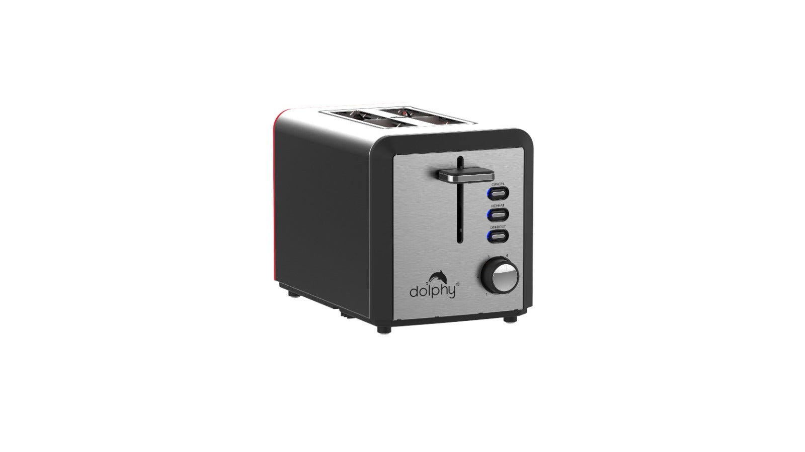 Dolphy two slice electric toaster in brushed stainless steel, showing the twin bread slots, side browning dial and function buttons