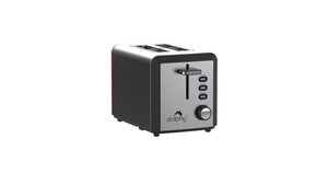 Dolphy 2 slice electric toaster in brushed stainless steel with black sides, showing the twin slots, lever and front controls