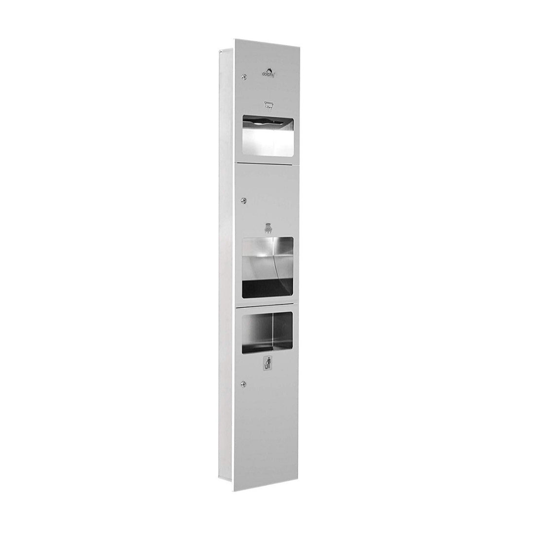 Dolphy 3-in-1 recessed washroom panel in stainless steel, showing the full-height unit with paper towel dispenser, hand dryer and waste bin openings