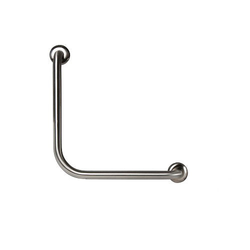 Dolphy 90 degree ambulant grab rail in #304 stainless steel, showing the compact right angle profile with concealed circular flush mounts