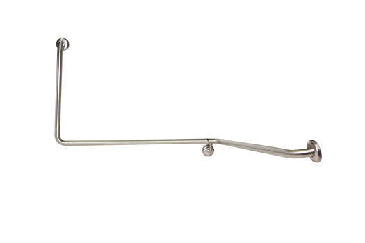 Dolphy 90 degree wrap around grab rail, 1100 x 1025 x 600mm in polished #304 stainless steel, right hand orientation, showing the continuous bent rail and concealed circular flush mounts