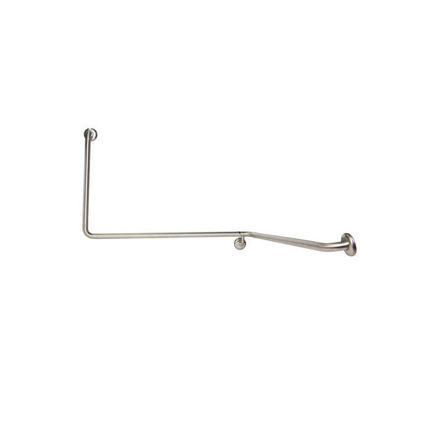 Dolphy 90 degree wrap around grab rail, 1100 x 1025 x 600mm in polished #304 stainless steel, right hand orientation, showing the continuous bent rail and concealed circular flush mounts