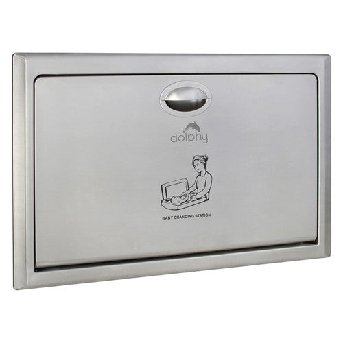 Dolphy recessed matte silver stainless steel baby change station closed against wall
