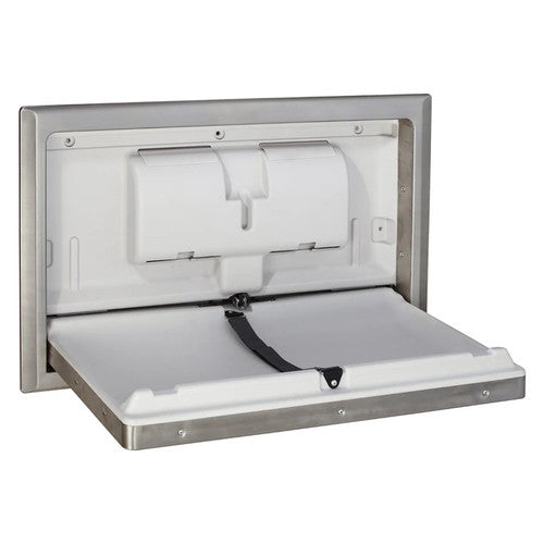 Side profile of Dolphy recessed baby change station showing 104 mm closed depth