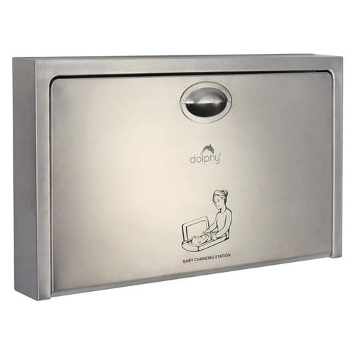 Dolphy matte silver stainless steel fold-down baby change station mounted on wall in open position