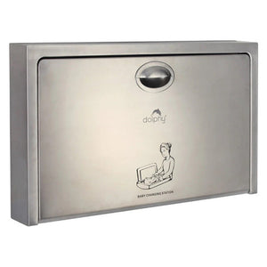 Dolphy surface mounted baby change station, closed front view of the satin stainless steel panel with handle and Dolphy logo